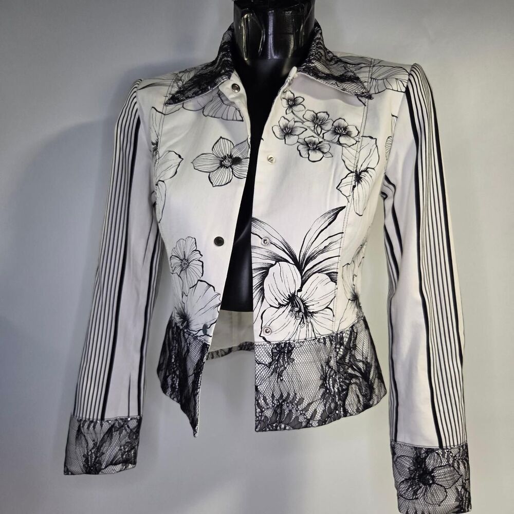Alberto Makali Women's Multi Coat Blazer Floral Black White lace button-up sz 2